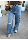 MAVİ BEL DETAYLI YIRTIK WIDE LEG JEAN 8185