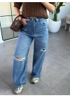 MAVİ BEL DETAYLI YIRTIK WIDE LEG JEAN 8185
