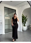 SİYAH V YAKA BROŞ DETAYLI ELBİSE 0903