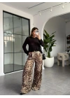 SİYAH LEOPAR DESEN KEMERLİ SATEN PANTOLON