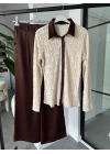 KAHVERENGİ DANTEL GÖMLEK SATEN PANTOLON TAKIM 60625