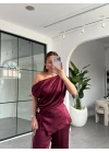 BORDO DÜŞÜK OMUZ SATEN PANTOLON TAKIM 8888