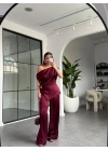 BORDO DÜŞÜK OMUZ SATEN PANTOLON TAKIM 8888