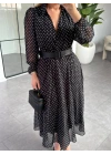 SİYAH PUANTİYELİ KEMERLİ ELBİSE