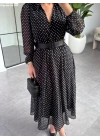 SİYAH PUANTİYELİ KEMERLİ ELBİSE
