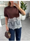 KAHVERENGİ MODAL DANTELLİ CROP T-SHIRT 1074