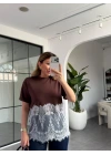 KAHVERENGİ MODAL DANTELLİ CROP T-SHIRT 1074