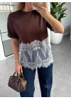 KAHVERENGİ MODAL DANTELLİ CROP T-SHIRT 1074