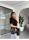 SİYAH MODAL DANTELLİ CROP T-SHIRT 1074