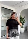 SİYAH MODAL DANTELLİ CROP T-SHIRT 1074
