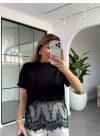 SİYAH MODAL DANTELLİ CROP T-SHIRT 1074