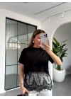 SİYAH MODAL DANTELLİ CROP T-SHIRT 1074