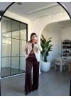 KAHVERENGİ DANTEL GÖMLEK SATEN PANTOLON TAKIM 60625