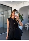 SİYAH KEMERLİ GOLD DÜĞMELİ YELEK 9682