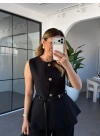SİYAH KEMERLİ GOLD DÜĞMELİ YELEK 9682