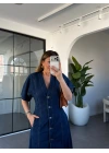 V YAKA BOYDAN DÜĞMELİ KISA KOL JEAN ELBİSE