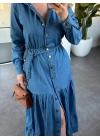 TENCEL DENİM ÖRGÜ KEMERLİ ELBİSE 7572