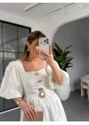 GOLD DÜNEŞ DÜĞMELİ BALON KOL ELBİSE 9559