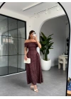 KAHVE PUANTİYELİ MADONNA YAKA MİDİ ELBİSE 00888