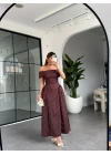 KAHVE PUANTİYELİ MADONNA YAKA MİDİ ELBİSE 00888