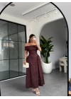 KAHVE PUANTİYELİ MADONNA YAKA MİDİ ELBİSE 00888