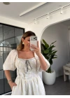 EKRU DANTEL DETAYLI BRODE ELBİSE 8808