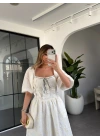 EKRU DANTEL DETAYLI BRODE ELBİSE 8808