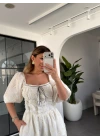 EKRU DANTEL DETAYLI BRODE ELBİSE 8808