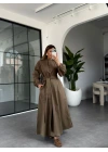 KOYU HAKİ KUŞAKLI UZUN ELBİSE 2349