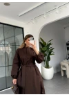 KAHVE KUŞAKLI UZUN ELBİSE 2349