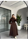 KAHVE KUŞAKLI UZUN ELBİSE 2349