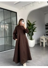 KAHVE KUŞAKLI UZUN ELBİSE 2349