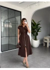 KAHVE BELİ LASTİKLİ SIFIR KOL ÇİFT FERMUARLI ELBİSE