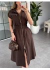 KAHVE BELİ LASTİKLİ SIFIR KOL ÇİFT FERMUARLI ELBİSE
