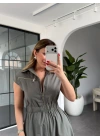 HAKİ BELİ LASTİKLİ SIFIR KOL ÇİFT FERMUARLI ELBİSE
