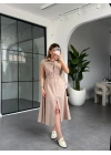 BEJ BELİ LASTİKLİ SIFIR KOL ÇİFT FERMUARLI ELBİSE