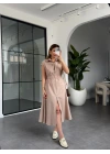 BEJ BELİ LASTİKLİ SIFIR KOL ÇİFT FERMUARLI ELBİSE