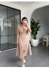 BEJ BELİ LASTİKLİ SIFIR KOL ÇİFT FERMUARLI ELBİSE