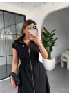 SİYAH BELİ LASTİKLİ SIFIR KOL ÇİFT FERMUARLI ELBİSE
