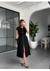 SİYAH BELİ LASTİKLİ SIFIR KOL ÇİFT FERMUARLI ELBİSE