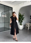 SİYAH BELİ LASTİKLİ SIFIR KOL ÇİFT FERMUARLI ELBİSE