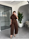 KAHVE DİK YAKA DÜĞMELİ BLUZ TAKIM