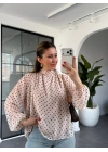 KREM PUANTİYELİ ŞAL DETAYLI ŞİFON BLUZ