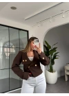KAHVE VATKALI GOLD DÜĞMELİ CROP CEKET 01204
