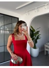 KRIMIZI KALIN ASKILI KARE YAKA ELBİSE