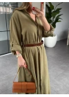 HAKİ KEMERLİ PREMİUM KALİTE MODAL GÖMLEK ELBİSE 3270