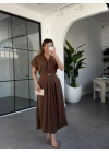 KAHVE GOLD AKSESUAR DETAYLI ELBİSE 37285