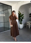 KAHVE GOLD AKSESUAR DETAYLI ELBİSE 37285