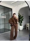KAHVE KEMİK TOKALI BLUZ PANTOLON TAKIM 51346