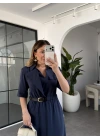 LACİVERT KEMERLİ TENCEL ELBİSE 37247